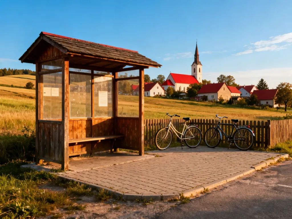 Słoneczny rynek w polskiej wsi z przystankiem autobusowym, rowerami i kościołem, przypominający serialowe Wilkowyje