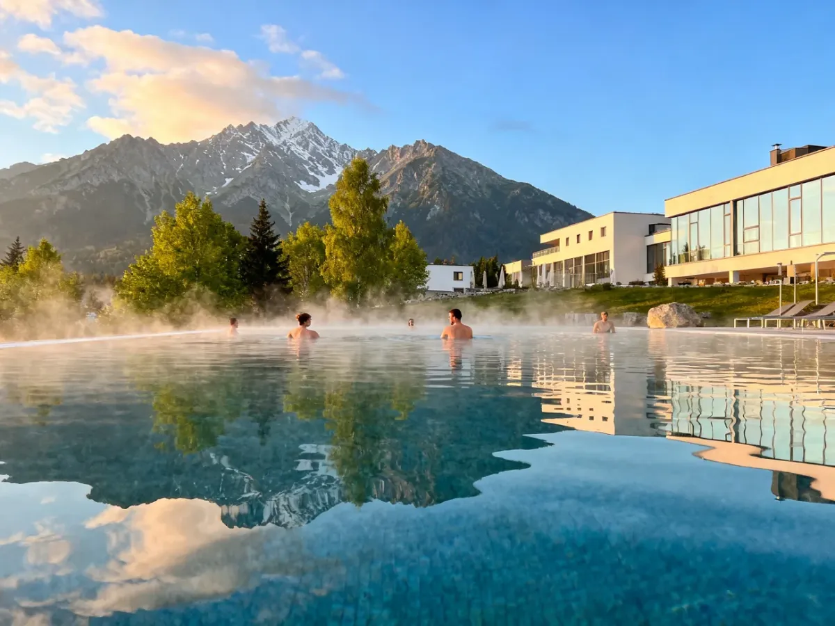 Baseny Term Chochołowskich na świeżym powietrzu z widokiem na Tatry, spokojny relaks w ciepłej wodzie