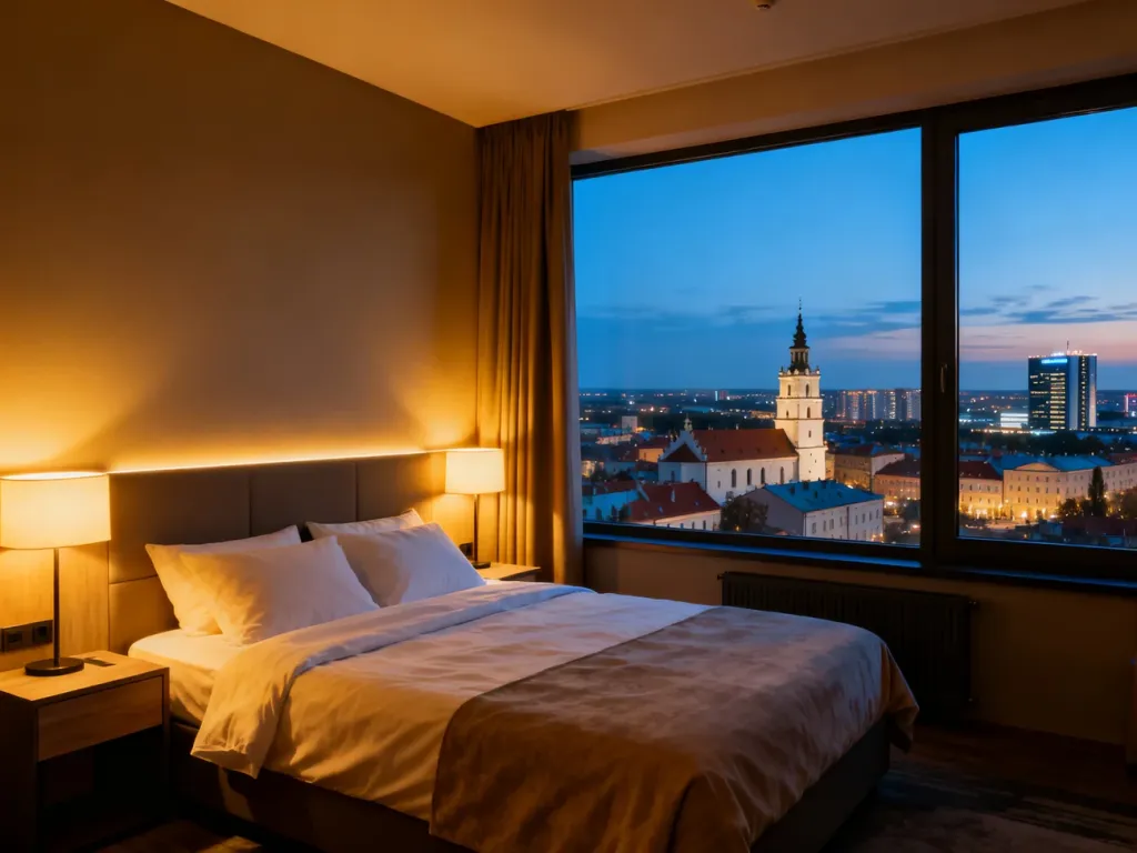 Przytulny, nowoczesny pokój hotelowy z widokiem wieczorem na stare miasto i nowe dzielnice Lublina, no text on the picture