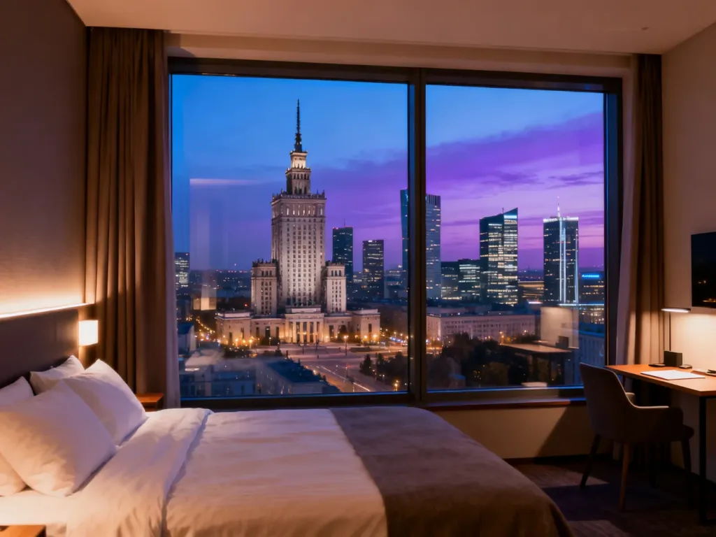Przytulny pokój hotelowy z widokiem na panoramę Warszawy i Pałac Kultury o zmierzchu, no text on the picture
