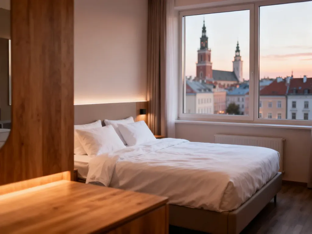 Przytulny, nowoczesny pokój hotelowy w Poznaniu z widokiem na historyczne kamienice i wieże kościołów, no text on the picture