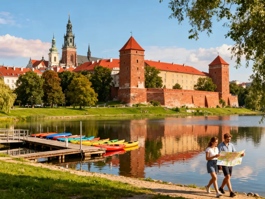 Para spacerująca nad jeziorem w Olsztynie, w tle zamek i stare miasto, zachęcające do zwiedzania miasta bez pośpiechu.